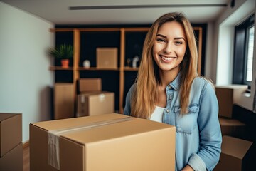 Wall Mural - happy moving in, woman with cardboard