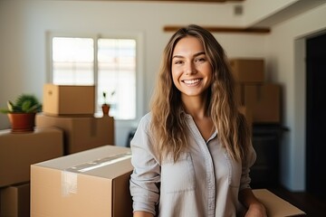 Wall Mural - happy moving in, woman with cardboard