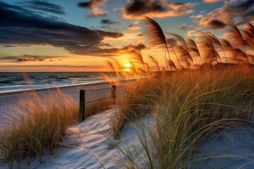 Wall Mural - Beautiful sunrise over the beach captured in a breathtakingly stunning photograph