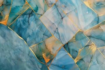 Wall Mural - marbled geometric shapes in gold and blue abstract watercolor background