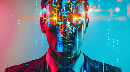 Male businessman with graphic technology lines, business concept