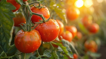 Outdoor scene of a vegetable garden during British Tomato Fortnight festivals, with ripe tomatoes hanging from the plants, ready for harvest, bathed in natural sunlight