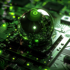 Wall Mural - Futuristic digital sphere on a circuit board with glowing green lights