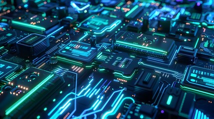 A futuristic circuit board design with glowing elements, representing advanced technology and innovation in electronics.