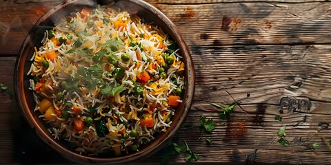Wall Mural - A Wooden Table Set with a Steaming Plate of Vegetable Biryani. Concept Food Photography, Indian Cuisine, Steaming Biryani, Wooden Table Setting, Culinary Delight