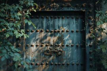 Wall Mural - Vintage blue door adorned with metal studs and overgrown with ivy, evoking mystery and history