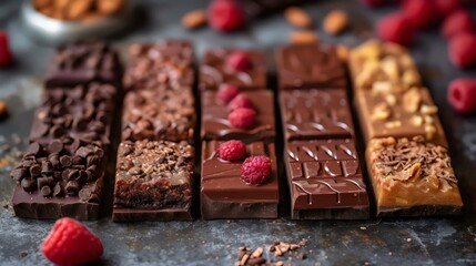 Wall Mural - A row of chocolate bars with raspberries on top