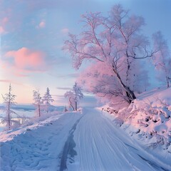 Poster - Snowy landscape at dawn with soft pastel reflections