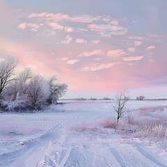 Poster - Snowy landscape at dawn with soft pastel reflections