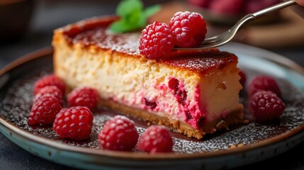 Wall Mural - A slice of cheesecake with raspberries on top