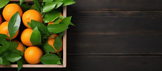 Poster - Fresh organic tangerines with green leaves arranged in a wooden box against a gray background, top view. with copy space image. Place for adding text or design