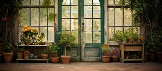 Aufkleber - Several pots of plants arranged in front of a glass window, adding a touch of nature indoors. with copy space image. Place for adding text or design