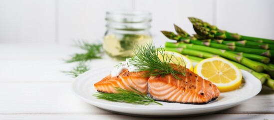 Leinwandbilder - Grilled salmon steaks with cooked asparagus, lemon, and yogurt dill sauce on a plate placed on a white wooden table. with copy space image. Place for adding text or design