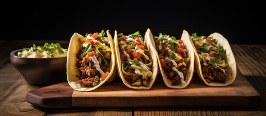 Wall Mural - Tasty tacos filled with meat, cheese, and vegetables presented on a rustic wooden board. with copy space image. Place for adding text or design