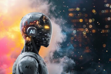 AI robot with colorful smoke, digital art, technology innovation, artificial intelligence, high tech visuals, cyber theme, modern design, creative concept