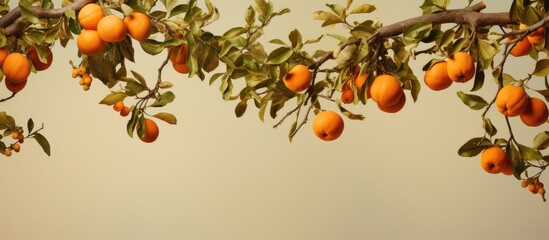Fototapete - Citrus fruit hanging from a tree branch with green leaves, showcasing an orange tree branch and its fruit. with copy space image. Place for adding text or design