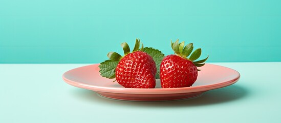 Wall Mural - Pair of ripe red strawberries placed on a vibrant pink plate resting atop a blue table surface. with copy space image. Place for adding text or design