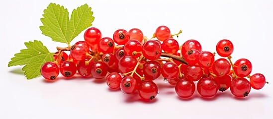 Fototapete - Branch of red currants with vibrant red berries and a leaf isolated on a clean white background. with copy space image. Place for adding text or design