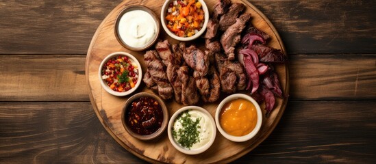 Leinwandbilder - Wooden plate holding delicious meat cuts and various sauces, set on a wooden table. with copy space image. Place for adding text or design