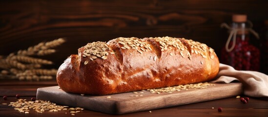 Poster - Whole grain bread loaf, freshly baked and placed on a wooden cutting board with ears of grain next to it. with copy space image. Place for adding text or design