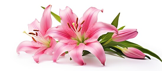 Aufkleber - Pink flowers present on a surface that is white in color, creating a delicate and serene image. with copy space image. Place for adding text or design