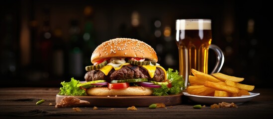 Aufkleber - Delicious cheeseburger, crispy fries, and refreshing beer arranged on a table. with copy space image. Place for adding text or design