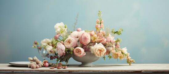 Fototapete - Floral arrangement in pastel colors serves as the centerpiece on an elegant dining table. with copy space image. Place for adding text or design