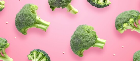 Poster - Close-up view of vibrant green broccoli florets set against a soft pink background, showcasing fresh and healthy produce. with copy space image. Place for adding text or design