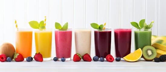 Aufkleber - Assorted fruit and vegetable smoothies lined up on a white wooden surface, showcasing a variety of vibrant colors and flavors. with copy space image. Place for adding text or design