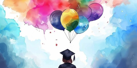 Colorful balloons, graduation cap in watercolor style sky and clouds. Completion of studies, achievement, healthy growth, joy, graduate, future, hope, university, adulthood, career, high definition wa