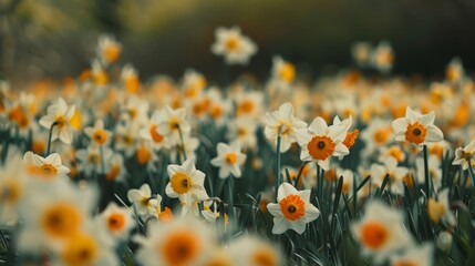 Vibrant sea of daffodils  cinematic capture of yellow flowers with subtle white and orange accents