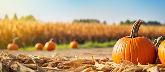 Poster - Pumpkins resting on a bed of hay in a wide open field with a backdrop of a corn maze and hay ride. with copy space image. Place for adding text or design