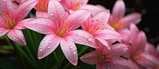 Poster - Pink flowers, Zephyranthes lily, with rain lily petals in a vase adorned with water droplets. with copy space image. Place for adding text or design