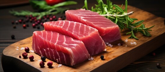 Fototapete - Fresh raw tuna steak laid out on a rustic wooden cutting board, ready to be prepared for a delicious meal. with copy space image. Place for adding text or design