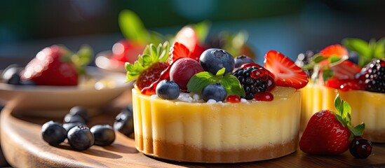 Leinwandbilder - An assortment of three delectable berry desserts showcased on a wooden board, creating a colorful and enticing display. with copy space image. Place for adding text or design