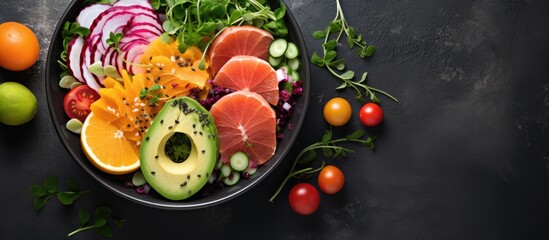 Poster - Assorted fruits and vegetables in a bowl placed on a black table, promoting healthy eating and lifestyle choices. with copy space image. Place for adding text or design