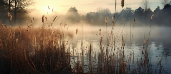 Fototapete - Reeds standing tall by the tranquil lake under a foggy sky, creating a serene and mystical atmosphere. with copy space image. Place for adding text or design
