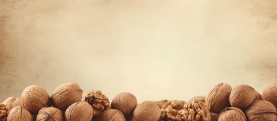 Fototapete - Several walnuts displayed together on a tabletop, creating a natural and rustic setting. with copy space image. Place for adding text or design