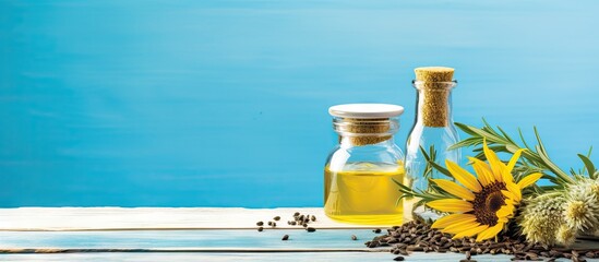 Aufkleber - Bottle of sunflower oil displayed beside a sunflower plant and seeds, representing a natural and healthy cooking ingredient. with copy space image. Place for adding text or design