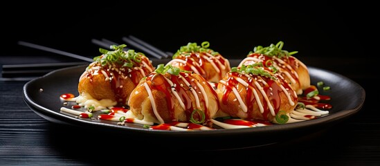 Leinwandbilder - Plate holds three food items topped with flavorful sauce and toppings, a delicious culinary delight. with copy space image. Place for adding text or design