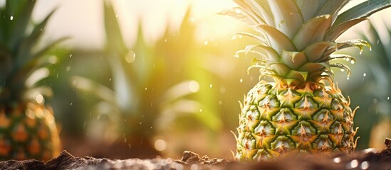 Aufkleber - Ripe pineapple stands alone, basking in sunlight in the middle of a vast field. with copy space image. Place for adding text or design