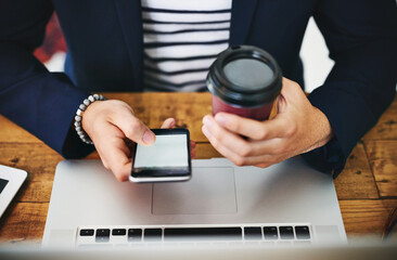 Aufkleber - Coffee, phone and laptop with man hands at coworking office with blank screen for social media break. Morning, web designer and creative job with latte and scroll at desk with design work above