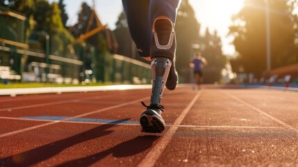 A person with a prosthetic leg running on a track.