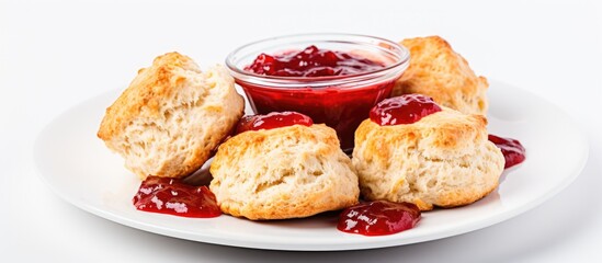 Leinwandbilder - Plate featuring biscuits topped with jam alongside a separate bowl filled with more jam. with copy space image. Place for adding text or design