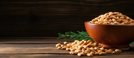 Wall Mural - Close-up view of a bowl filled with peanuts resting on a wooden table, with pine nuts scattered around in an earthware bowl. with copy space image. Place for adding text or design