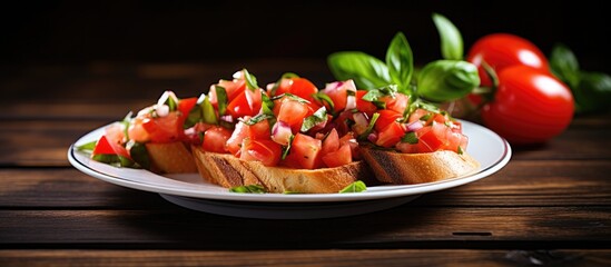 Aufkleber - Fresh tomatoes and basil on crispy toast served on a plate. with copy space image. Place for adding text or design