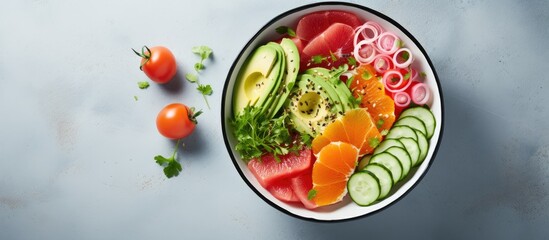 Leinwandbilder - Bowl containing a mix of healthy vegetables and fruits, perfect for a balanced meal. with copy space image. Place for adding text or design