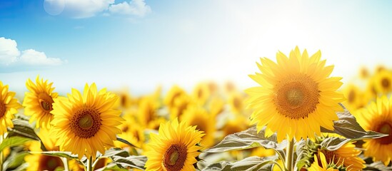 Aufkleber - Vibrant sunflowers in full bloom standing tall in a field under a clear blue sky on a sunny day. with copy space image. Place for adding text or design