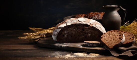 Aufkleber - Close-up of a loaf of bread on a cutting board with wheat, showcasing natural hand-made black bread baked using ancient European bakery methods. with copy space image. Place for adding text or design
