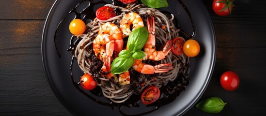 Leinwandbilder - Close-up view of a delicious plate of pasta served with succulent shrimp and fresh tomatoes. with copy space image. Place for adding text or design